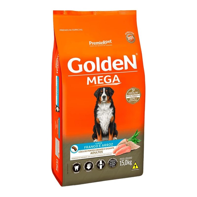 Golden Mega Cães Adultos Raças Grandes Frango e Arroz 15 kg