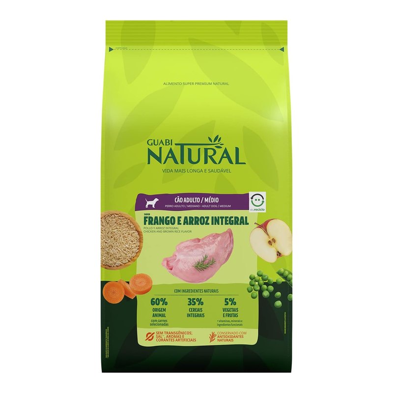 Guabi Natural Cães Adultos Porte Médio Frango e Arroz 12 kg