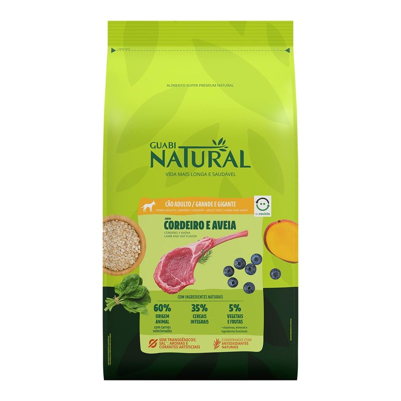 Guabi Natural Cães Adultos Raças Grandes e Gigantes Cordeiro e Aveia 12 kg
