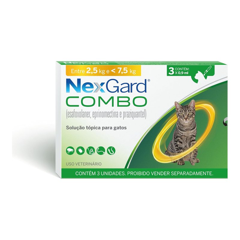 NexGard Combo Antipulgas, Sarna e Vermes para Gatos de 2,5 a 7,5 kg com 3 Aplicadores