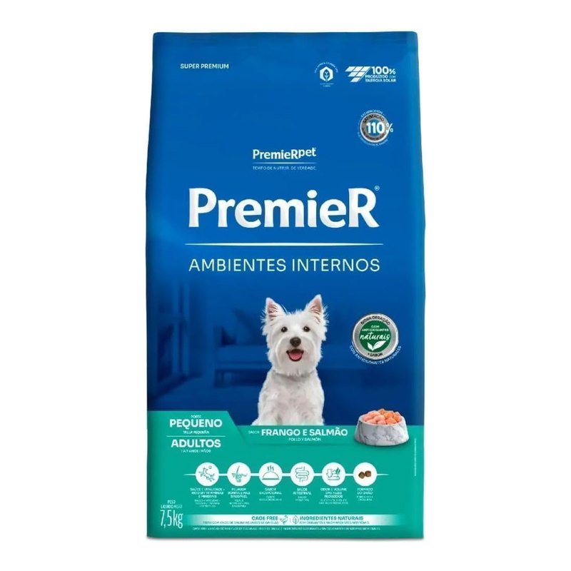 PremieR Ambientes Internos Cães Adultos Raças Pequenas Frango e Salmão 7,5 kg