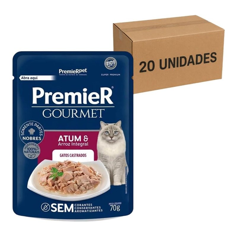 PremieR Gourmet Gatos Castrados Atum e Arroz Integral Sachê 70 g Caixa com 20