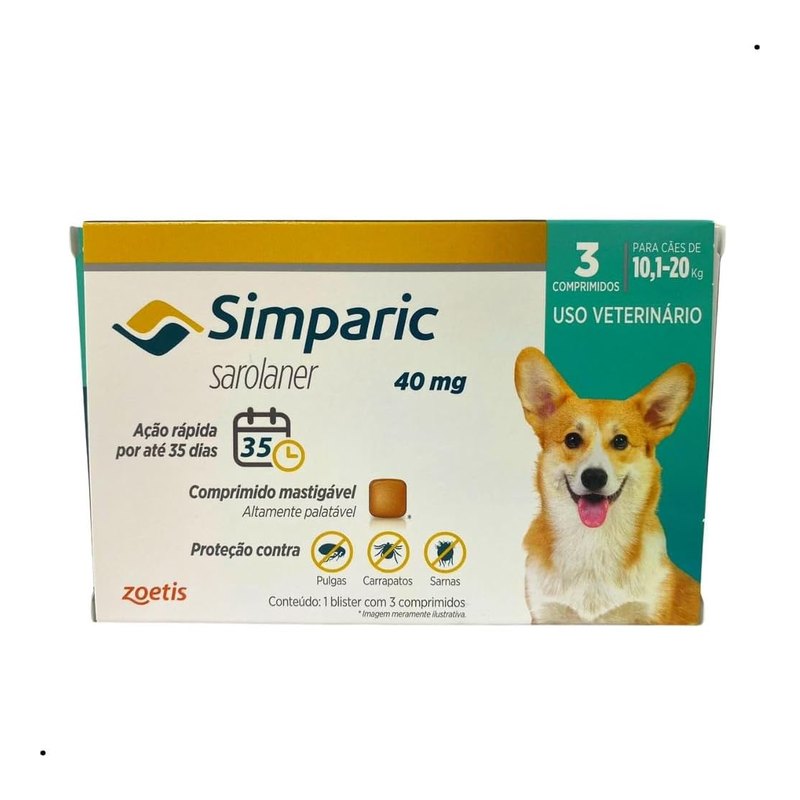 Simparic 40 mg Antipulgas para Cães de 10,1 a 20 kg com 3 Comprimidos