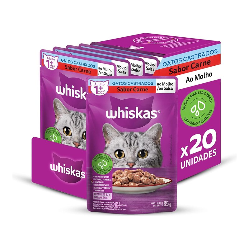 Whiskas Carne ao Molho Gatos Adultos Castrados Sachê 85 g Pacote com 20