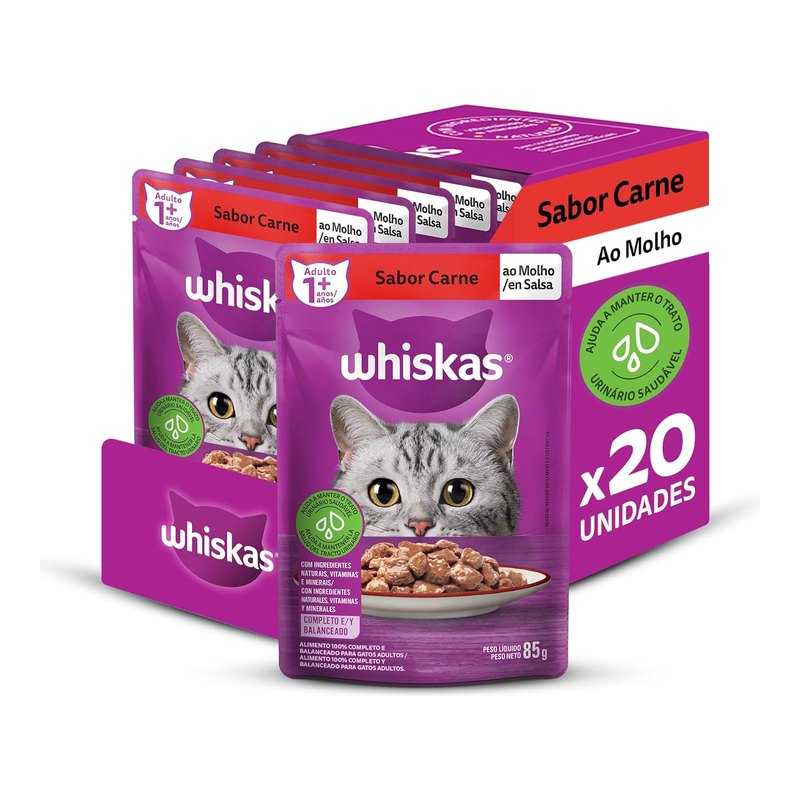 Whiskas Carne ao Molho Gatos Adultos Sachê 85 g Pacote com 20